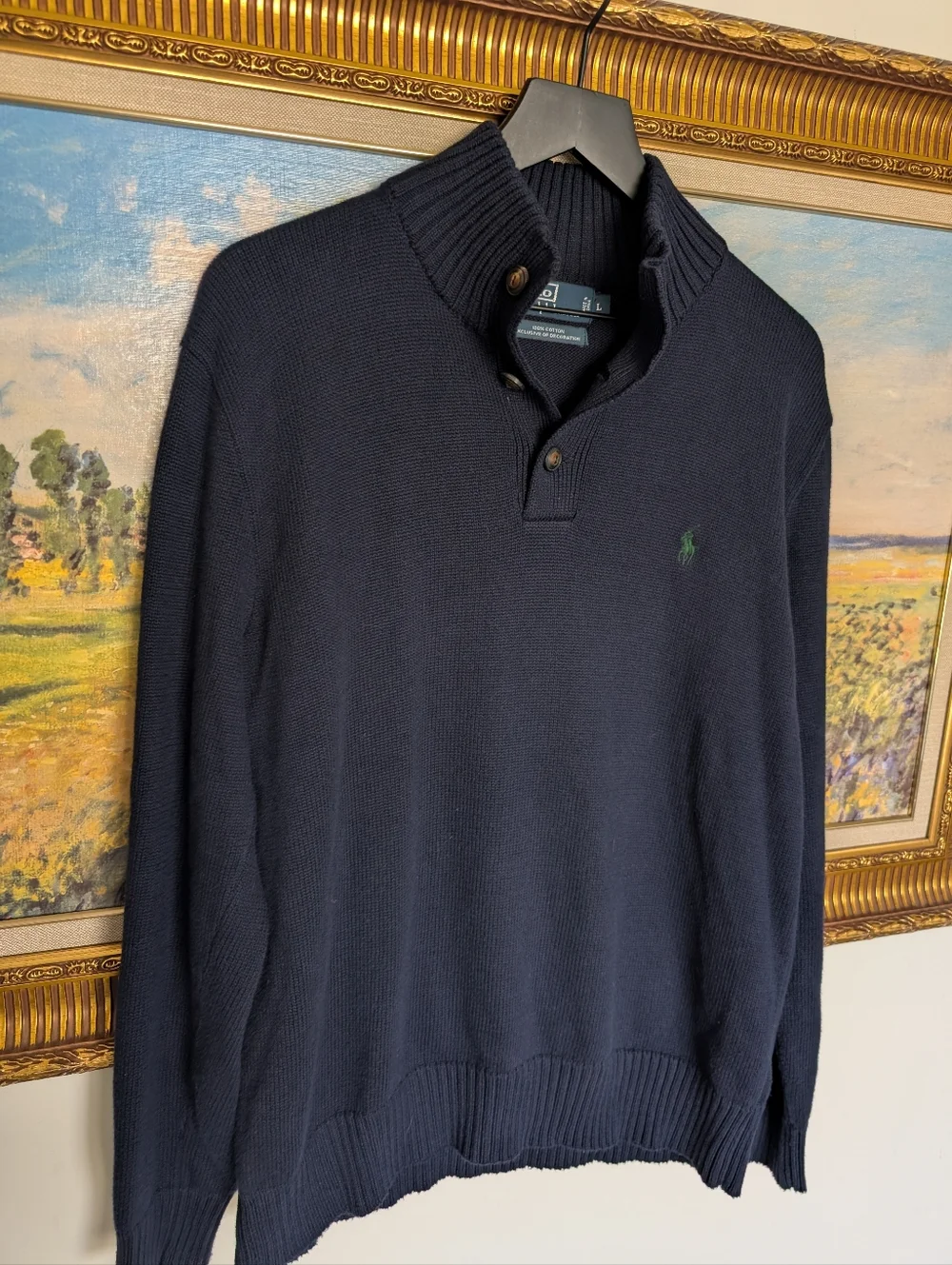 Ralph Lauren Navy Cotton Knit Polo-Style Pullover Sweater Large